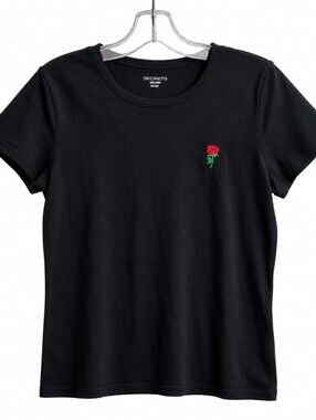 Segments Women’s Black Rose Embroidered T-Shirt Size Medium Minimalist Aesthetic